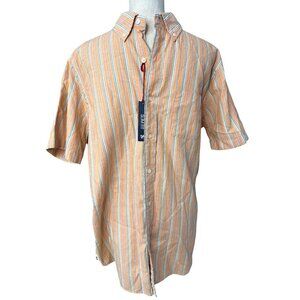Cremieux Striped Short Sleeve Button Down Peach & Blue Casual Shirt L